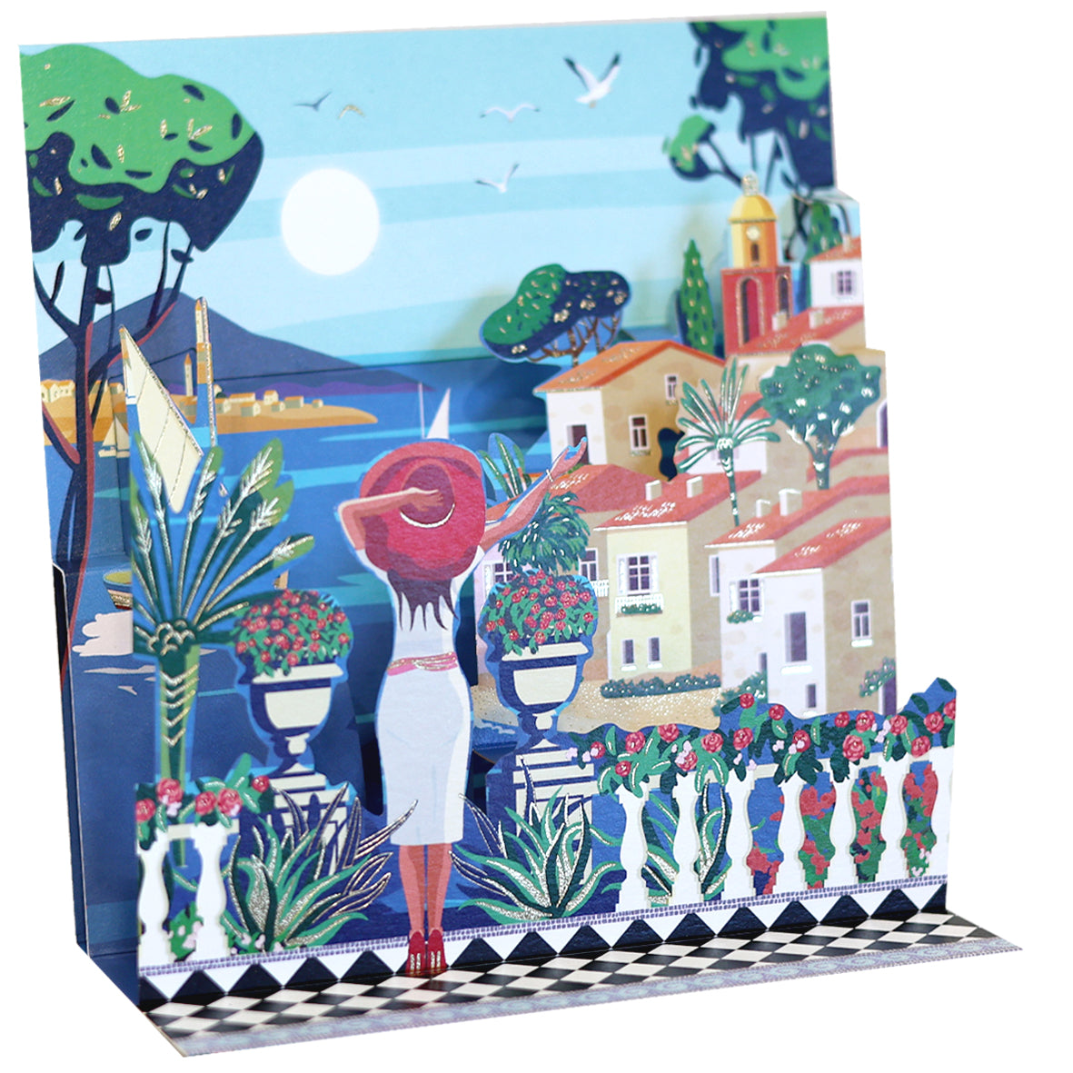 Pictura Retro Vacation large pop-up card featuring colorful vintage travel scene with palm trees and a sunset sky.